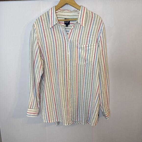 Gap Womens XL Button Up Long Sleeve Stripes Multicolor Linen Blend Coastal - Picture 2 of 9